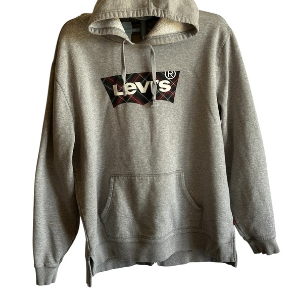 Levi's Classic Gray Hoodie for Men,With Plaid Logo, Oversized, Streetwear - Picture 1 of 11